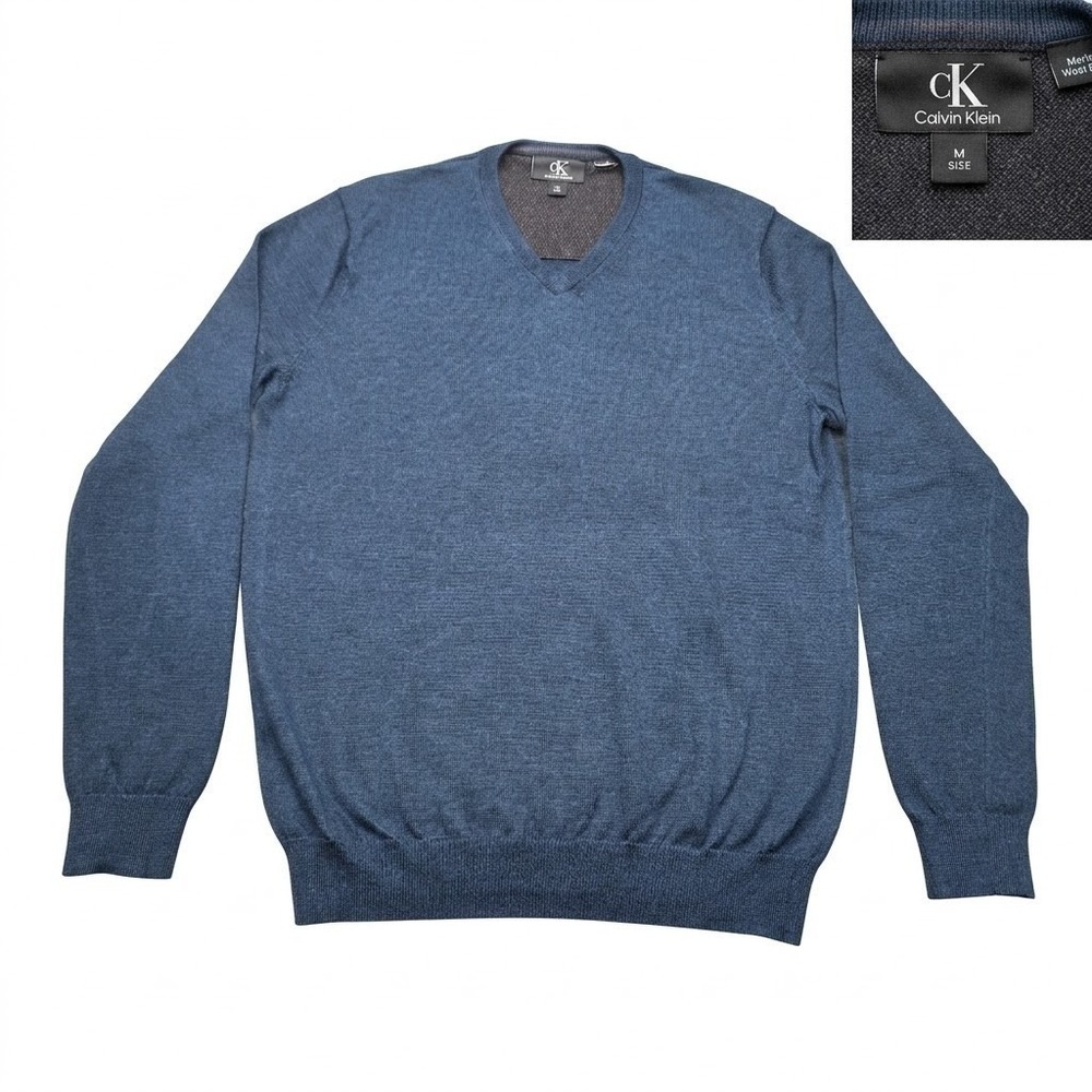 Calvin Klein Mens Blue Extra Fine Merino Wool V-Neck Sweater Size M Regular Fit